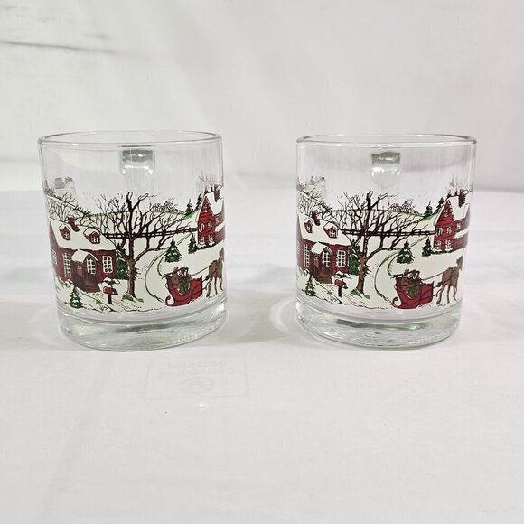 Vintage Libbey USA Christmas Winter Village 12 Oz Glass Mugs Cups - Set of 2 - Picture 3 of 17